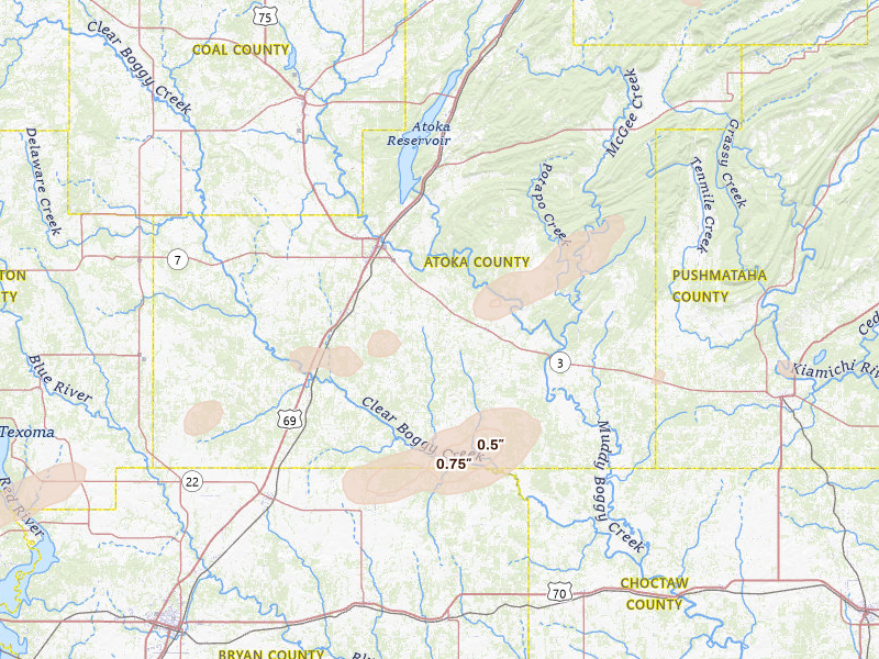 Radar-estimated hail-size map of the storm over Atoka, OK on Mar 4, 2026