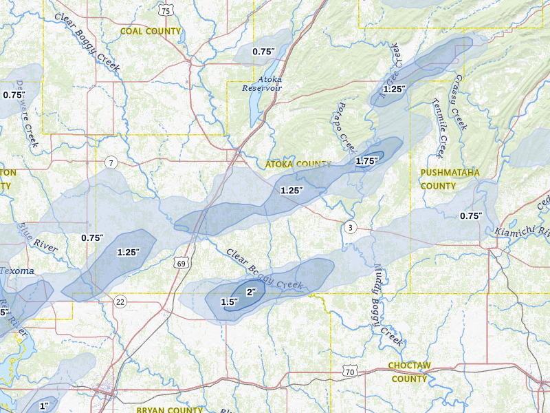 NEXRAD radar-signature map of the hail storm over Atoka, OK on Mar 4, 2026