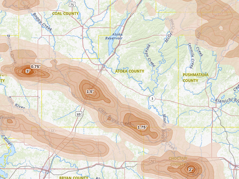 Radar-estimated hail-size map of the storm over Atoka, OK on Apr 24, 2026