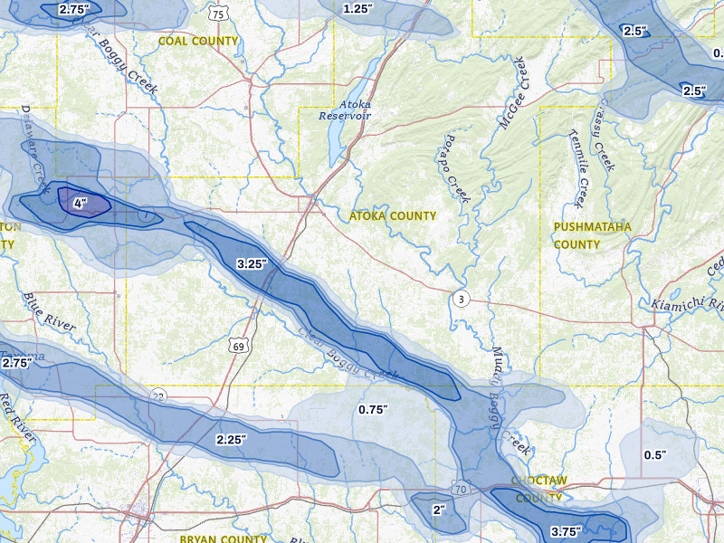 NEXRAD radar-signature map of the hail over Atoka, OK