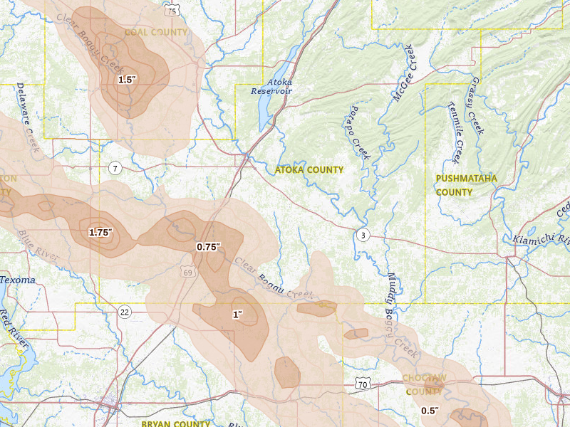 Radar-estimated hail-size map of the storm over Atoka, OK on Apr 25, 2026