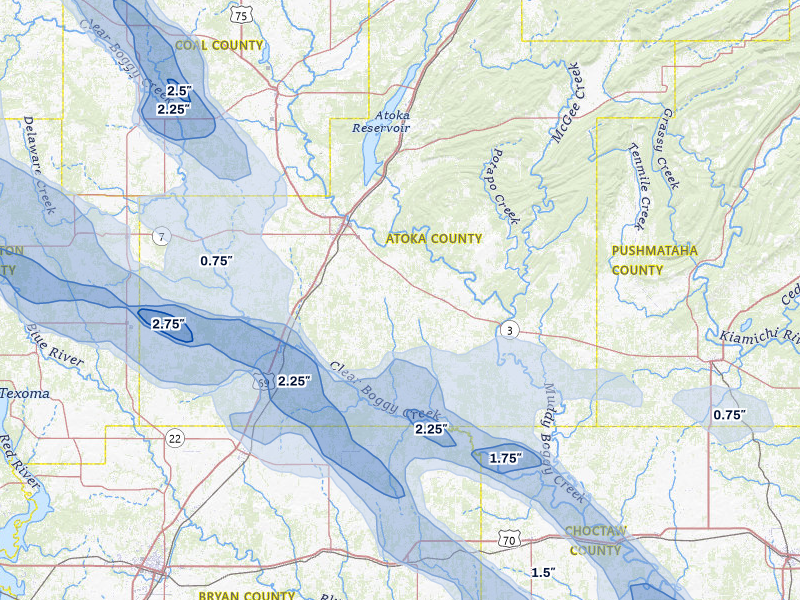 NEXRAD radar-signature map of the hail over Atoka, OK