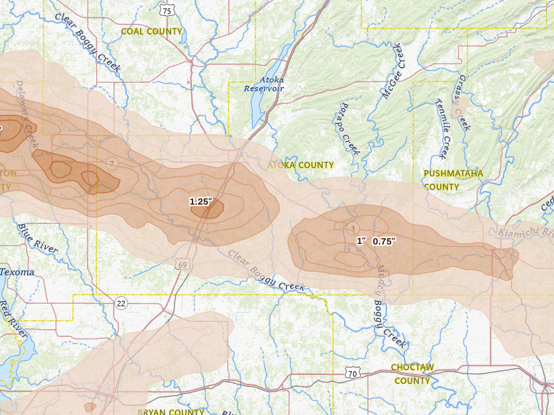 Radar-estimated hail-size map of the storm over Atoka, OK on Apr 28, 2026