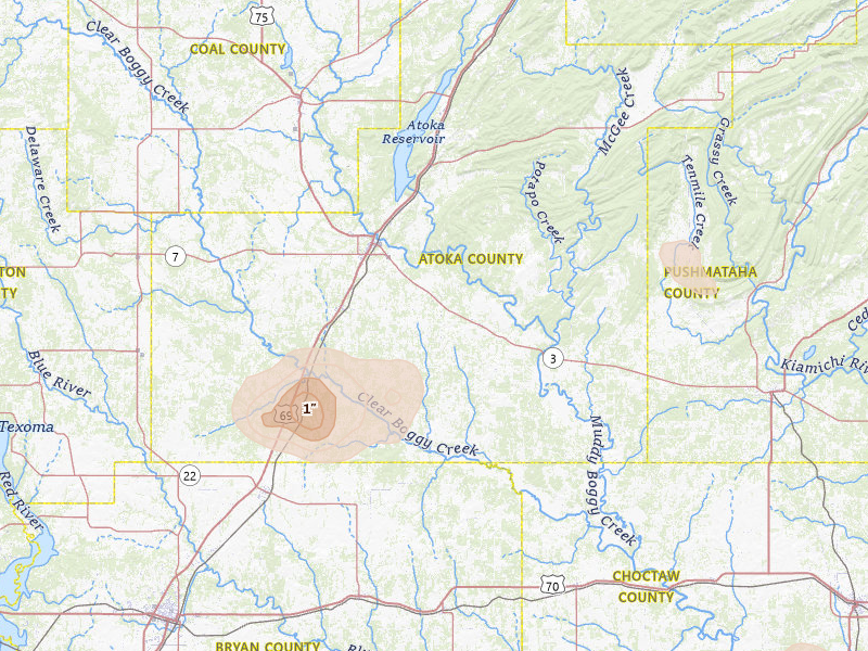 Radar-estimated hail-size map of the storm over Atoka, OK on Jun 23, 2026