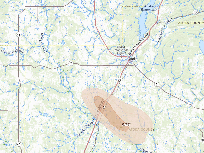 Radar-estimated hail-size map of the storm over Atoka, OK on Jun 24, 2026