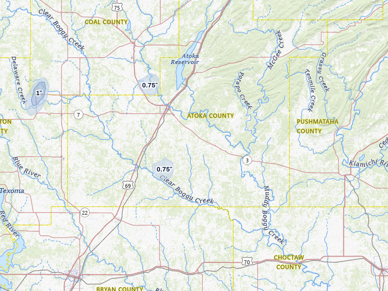 NEXRAD radar-signature map of the hail over Atoka, OK