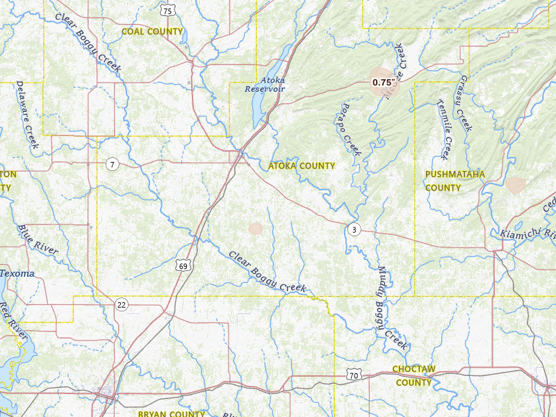 Radar-estimated hail-size map of the storm over Atoka, OK on Jul 13, 2026