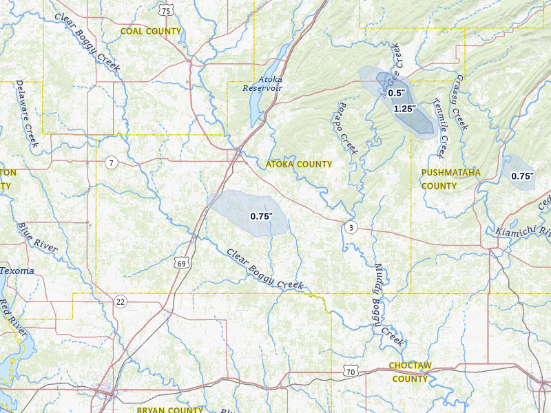 NEXRAD radar-signature map of the hail over Atoka, OK