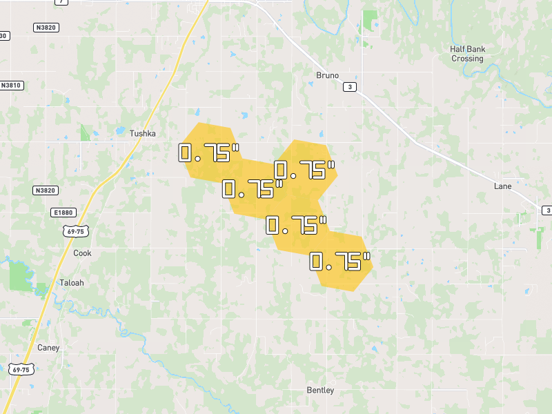 Hail map of Atoka, OK on Jul 13, 2026, hail up to 0.75"