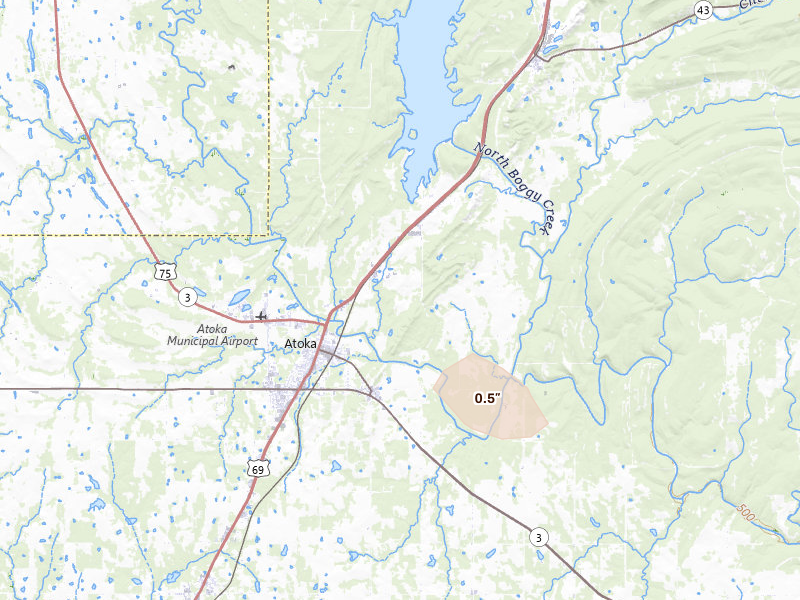 Radar-estimated hail-size map of the storm over Atoka, OK on Jul 14, 2026