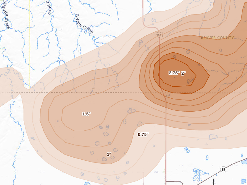 Radar-estimated hail-size map of the storm over Balko, OK on Jul 23, 2026