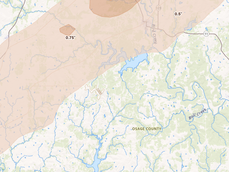 Radar-estimated hail-size map of the storm over Barnsdall, OK on Apr 28, 2026