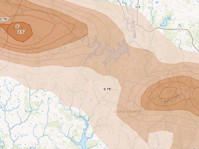 Radar-estimated hail-size map of the storm over Barnsdall, OK on May 8, 2026