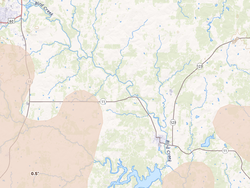 Radar-estimated hail-size map of the storm over Barnsdall, OK on Jul 4, 2026