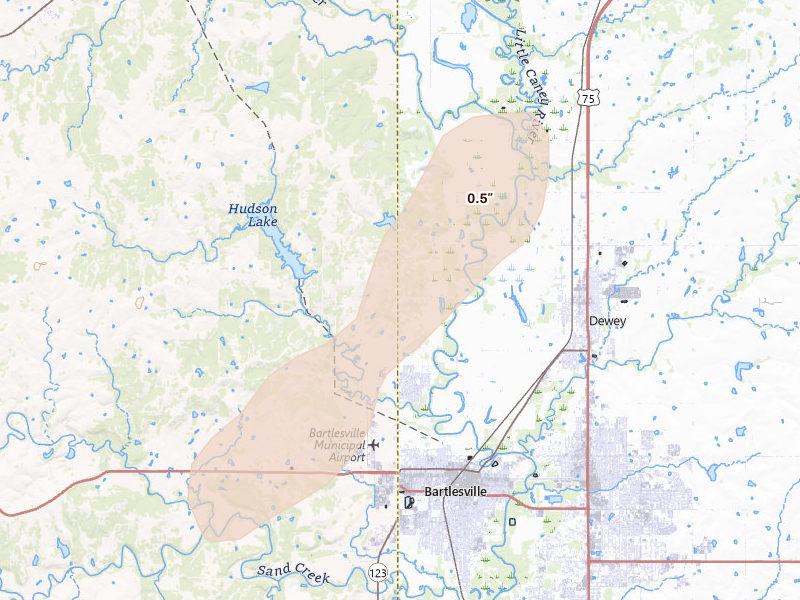 Radar-estimated hail-size map of the storm over Bartlesville, OK on Mar 6, 2026