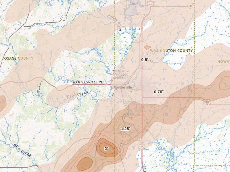 Radar-estimated hail-size map of the storm over Bartlesville, OK