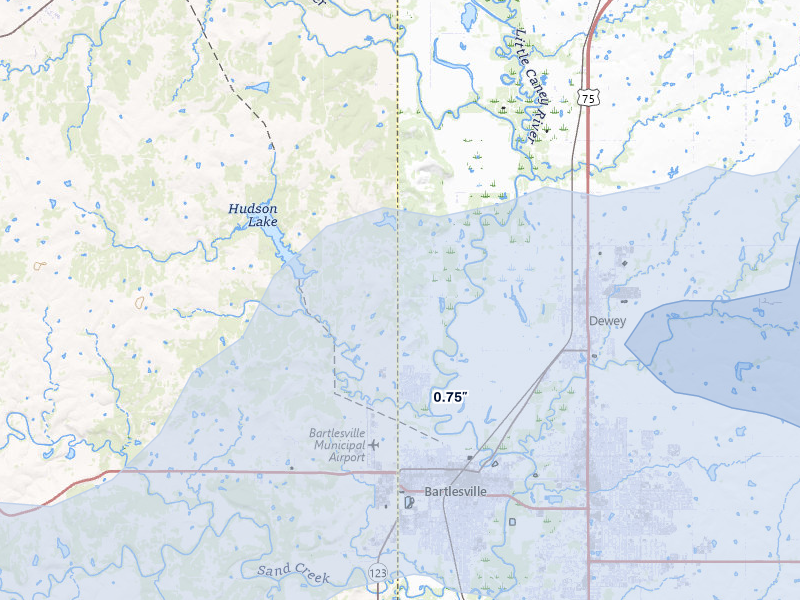 NEXRAD radar-signature map of the hail over Bartlesville, OK