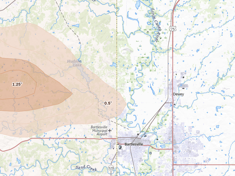 Radar-estimated hail-size map of the storm over Bartlesville, OK on Apr 26, 2026