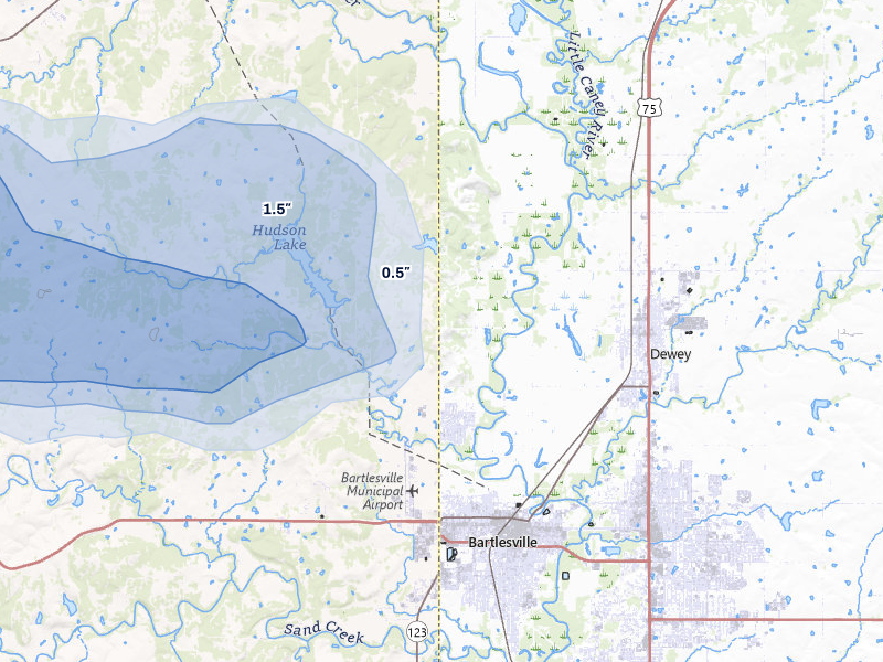 NEXRAD radar-signature map of the hail over Bartlesville, OK