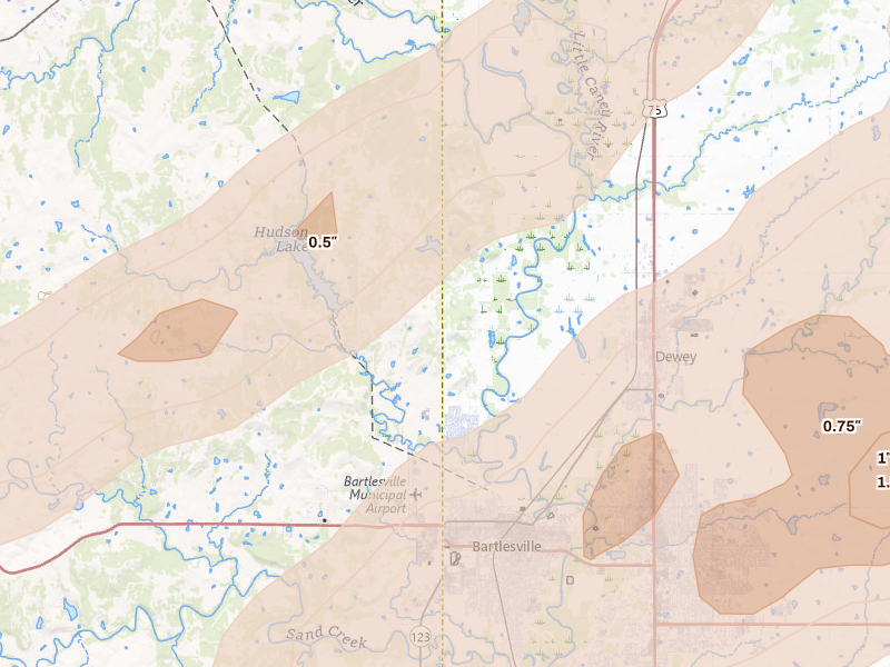 Radar-estimated hail-size map of the storm over Bartlesville, OK on Apr 28, 2026