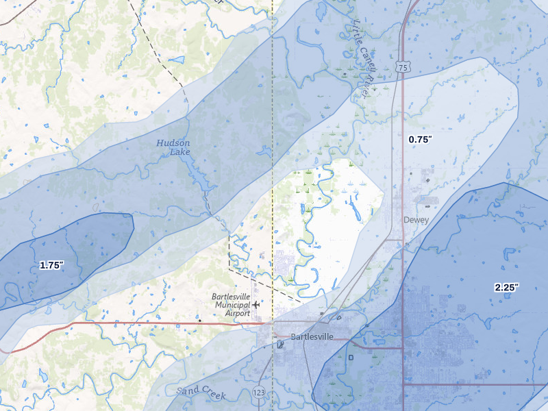 NEXRAD radar-signature map of the hail storm over Bartlesville, OK on Apr 28, 2026