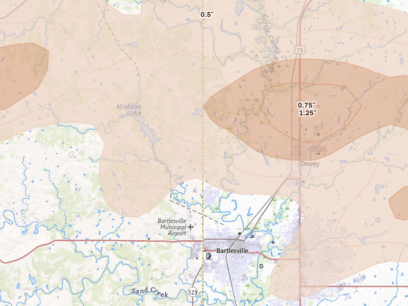 Radar-estimated hail-size map of the storm over Bartlesville, OK on May 29, 2026