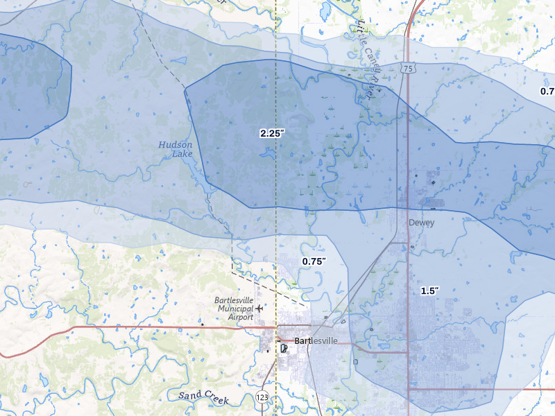 NEXRAD radar-signature map of the hail storm over Bartlesville, OK on May 29, 2026