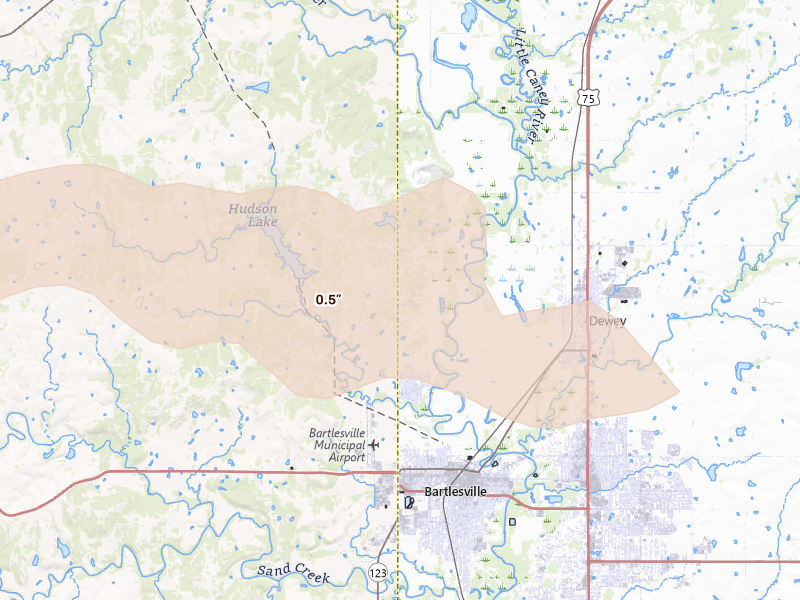 Radar-estimated hail-size map of the storm over Bartlesville, OK on Jun 18, 2026
