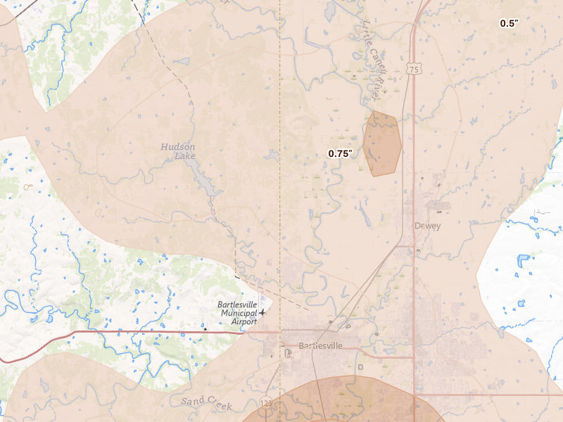 Radar-estimated hail-size map of the storm over Bartlesville, OK on Jul 4, 2026