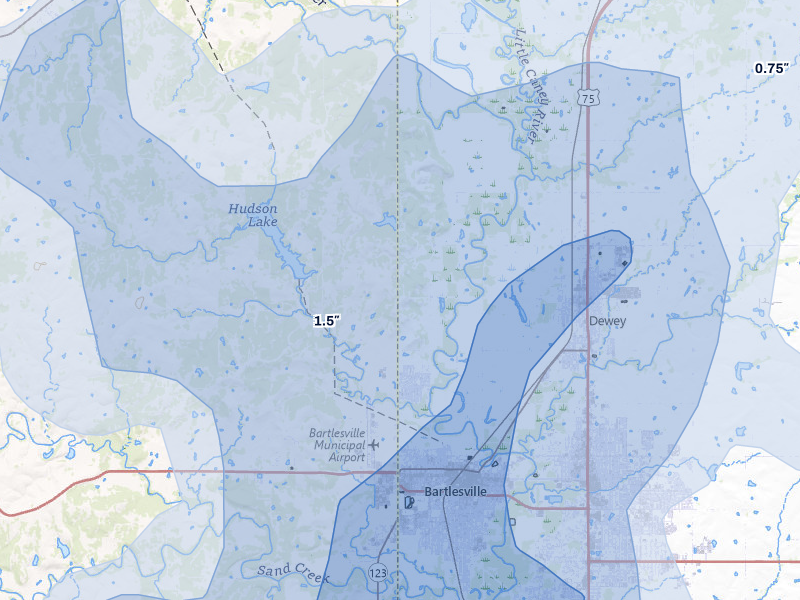 NEXRAD radar-signature map of the hail over Bartlesville, OK