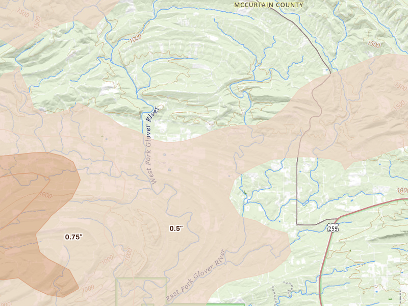 Radar-estimated hail-size map of the storm over Battiest, OK on Apr 24, 2026