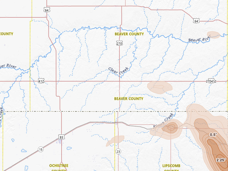 Radar-estimated hail-size map of the storm over Beaver, OK on May 9, 2026