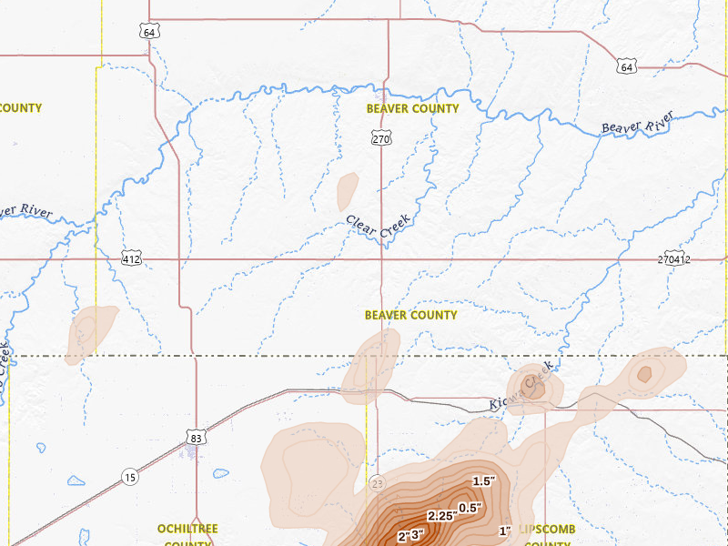 Radar-estimated hail-size map of the storm over Beaver, OK on Jun 8, 2026