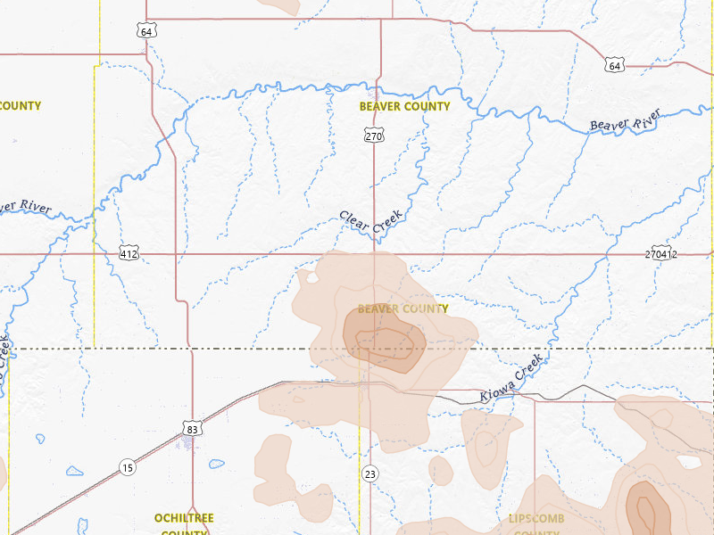 Radar-estimated hail-size map of the storm over Beaver, OK on Jun 23, 2026