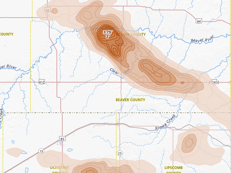 Radar-estimated hail-size map of the storm over Beaver, OK on Jun 25, 2026
