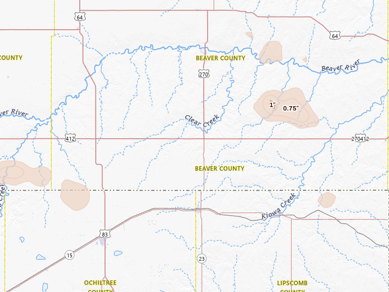 Radar-estimated hail-size map of the storm over Beaver, OK on Jun 26, 2026