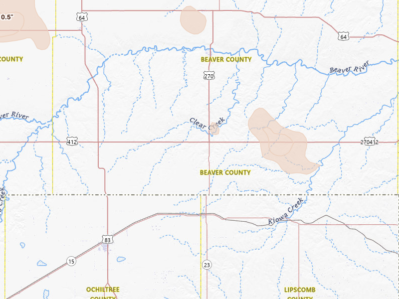 Radar-estimated hail-size map of the storm over Beaver, OK on Jul 3, 2026