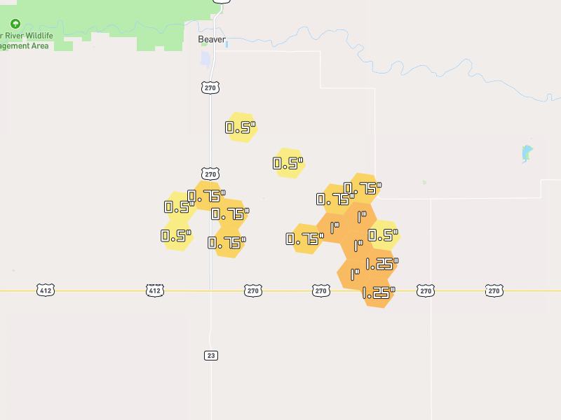 Hail map of Beaver, OK on Jul 4, 2026, hail up to 1.25"