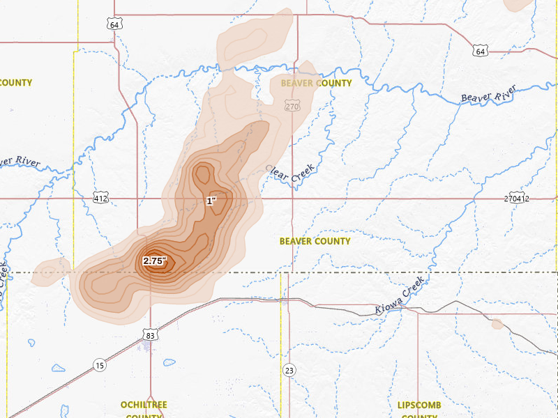 Radar-estimated hail-size map of the storm over Beaver, OK on Jul 23, 2026