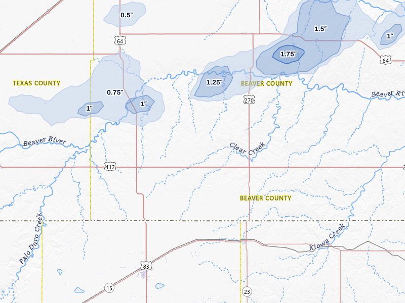 NEXRAD radar-signature map of the hail storm over Beaver, OK on Aug 15, 2026