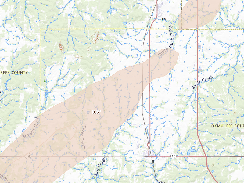 Radar-estimated hail-size map of the storm over Beggs, OK on Mar 6, 2026
