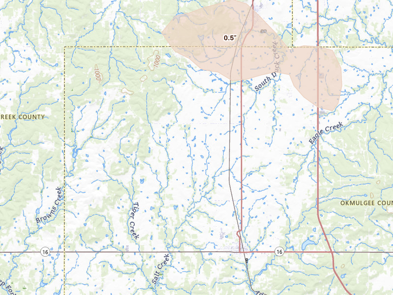 Radar-estimated hail-size map of the storm over Beggs, OK on May 8, 2026