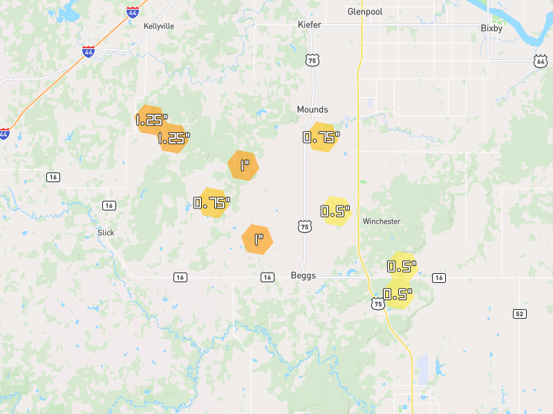 Hail map of Beggs, OK on Jul 5, 2026, hail up to 1.25"