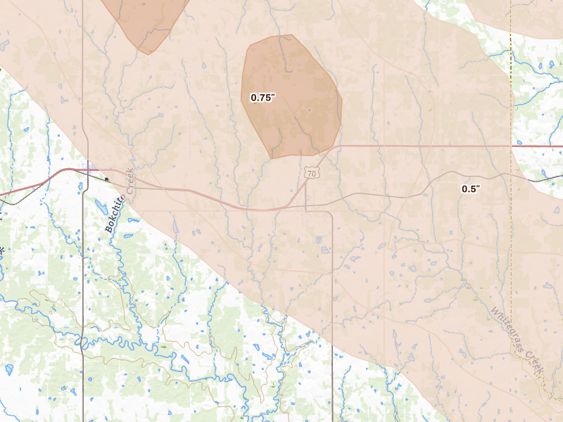 Radar-estimated hail-size map of the storm over Bennington, OK on Apr 25, 2026