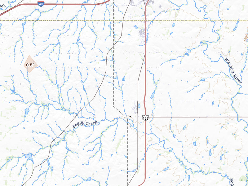 Radar-estimated hail-size map of the storm over Bessie, OK on Apr 17, 2026