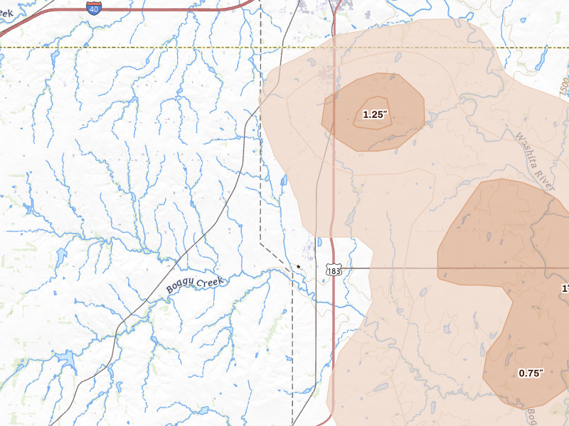 Radar-estimated hail-size map of the storm over Bessie, OK on Jul 4, 2026
