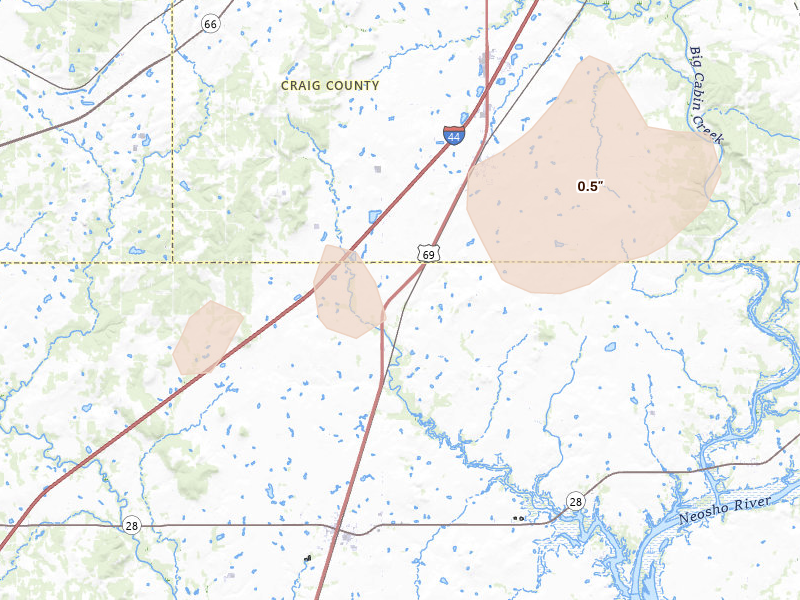 Radar-estimated hail-size map of the storm over Big Cabin, OK on Apr 3, 2026