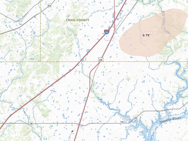 Radar-estimated hail-size map of the storm over Big Cabin, OK on Apr 23, 2026