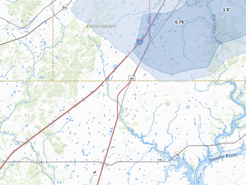 NEXRAD radar-signature map of the hail storm over Big Cabin, OK on Apr 23, 2026