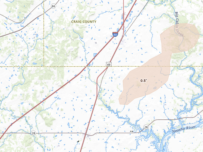 Radar-estimated hail-size map of the storm over Big Cabin, OK on Apr 28, 2026